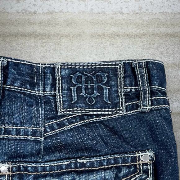 Vintage Skater Wide Leg Jean Shorts Request Dark Wash Baggy Denim Rap Style Y2K - Picture 3 of 4